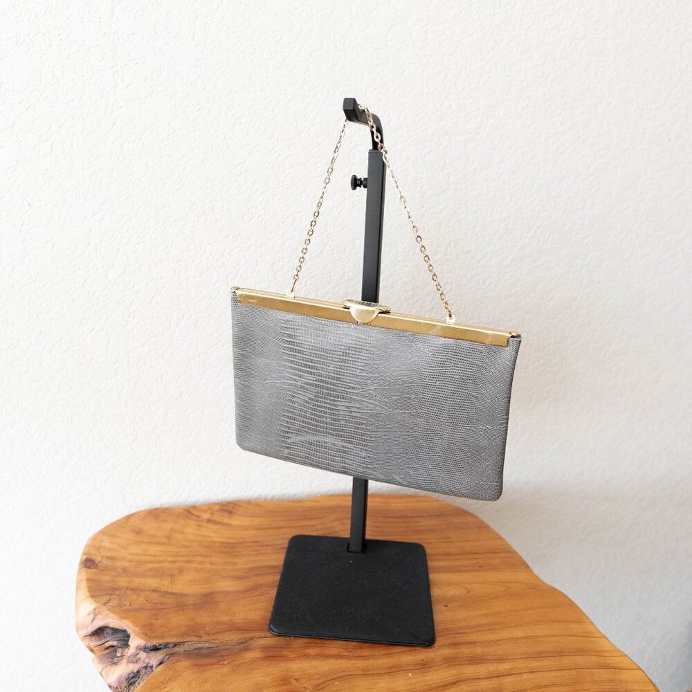 Etra 1960s Gray Vintage Genuine Leather Envelope Clutch w/ Gold Chain Retro Mod - Picture 6 of 11